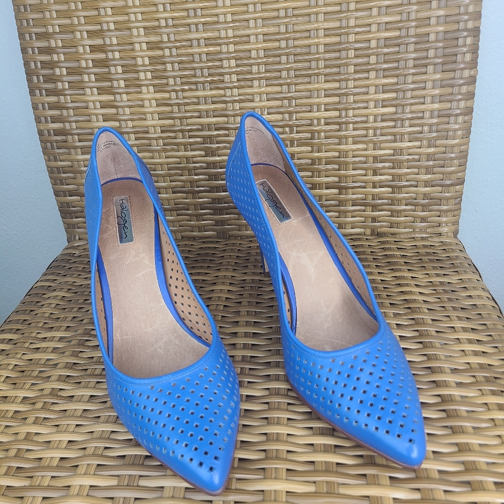 Halogen Mandi Shoes High Heel Pumps Blue Perforated Leather Size 11